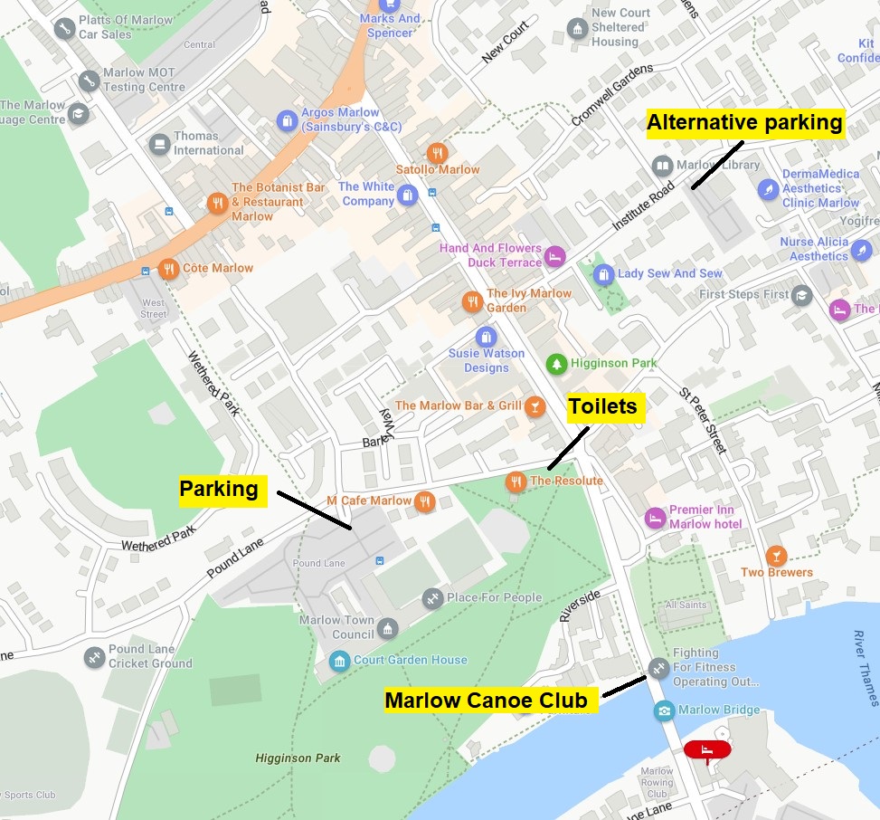 Map showing location of the canoe club, parking, and toilets. 